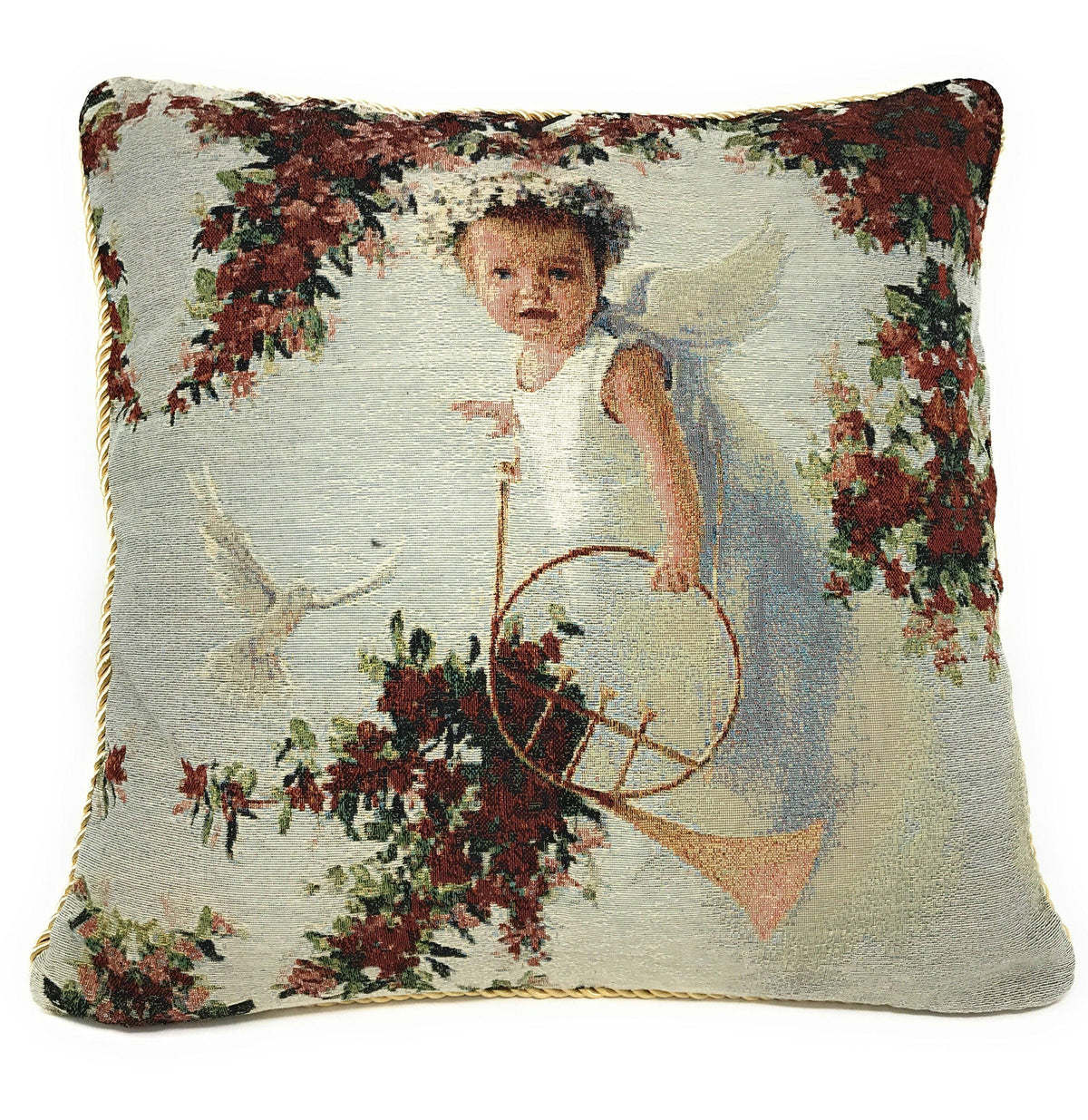 Tache Cupid's Horn Antique Rose Bird Dove Woven Tapestry Throw Pillow Cover (16375)