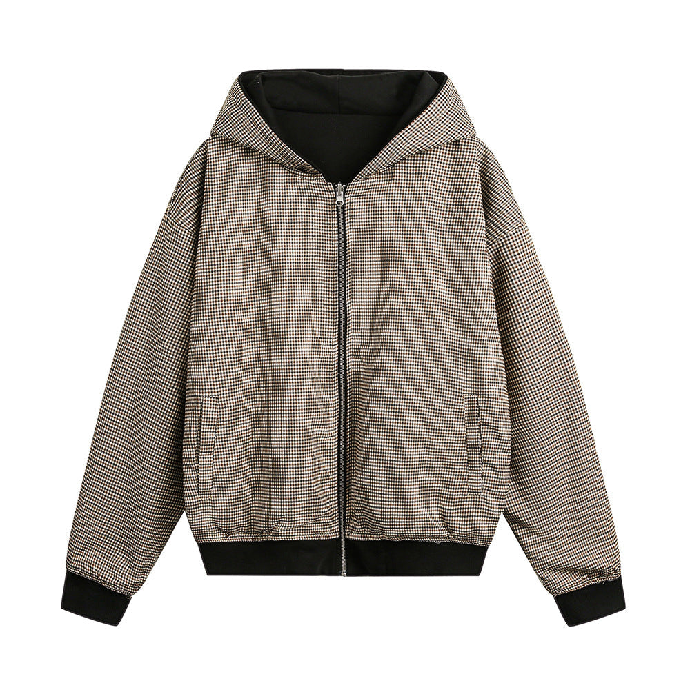 Double-sided Wear Hooded Cardigan Unisex Spring and Autumn Casual Loose Fit Plaid Short Jacket Two-Way Wearing