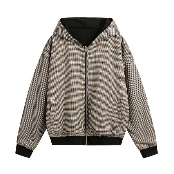 Double-sided Wear Hooded Cardigan Unisex Spring and Autumn Casual Loose Fit Plaid Short Jacket Two-Way Wearing