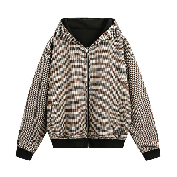 Double-sided Wear Hooded Cardigan Unisex Spring and Autumn Casual Loose Fit Plaid Short Jacket Two-Way Wearing