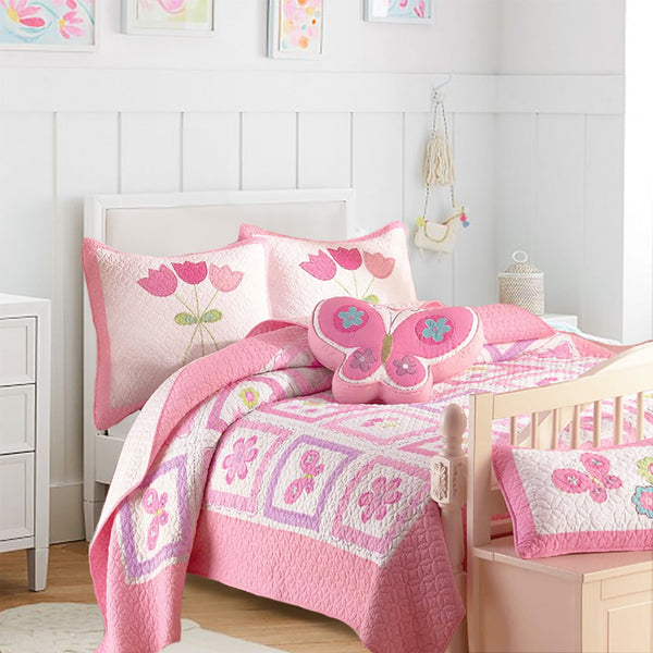 Butterfly Flower Pink Print Patchwork Twin Cotton Reversible Quilt Bedding Set