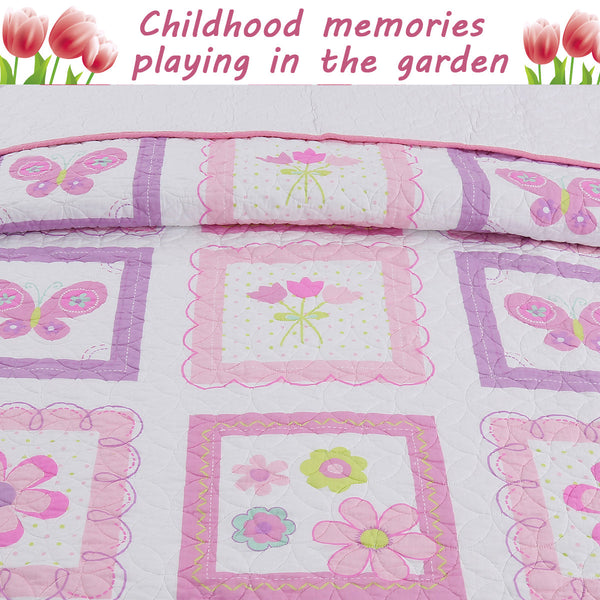 Butterfly Flower Pink Print Patchwork Twin Cotton Reversible Quilt Bedding Set