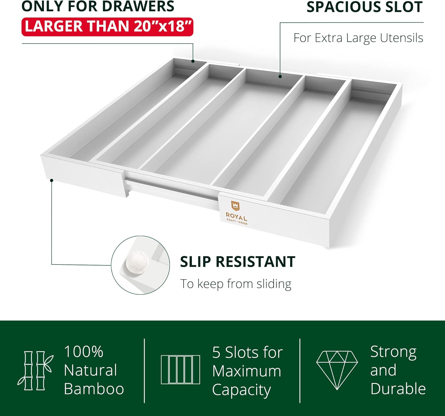 Utensil Drawer Organizer, White (5 Slots)