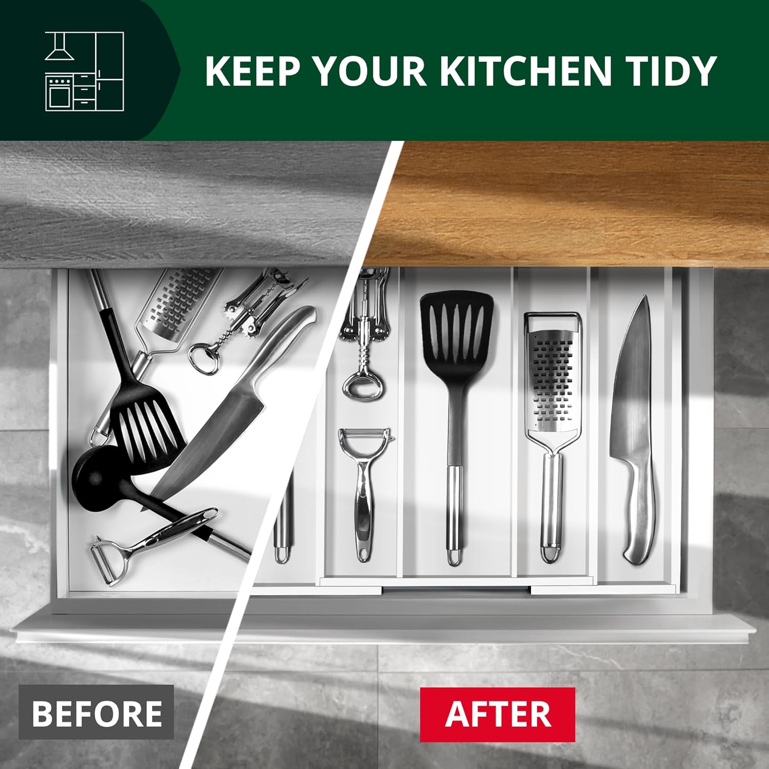 Utensil Drawer Organizer, White (5 Slots)