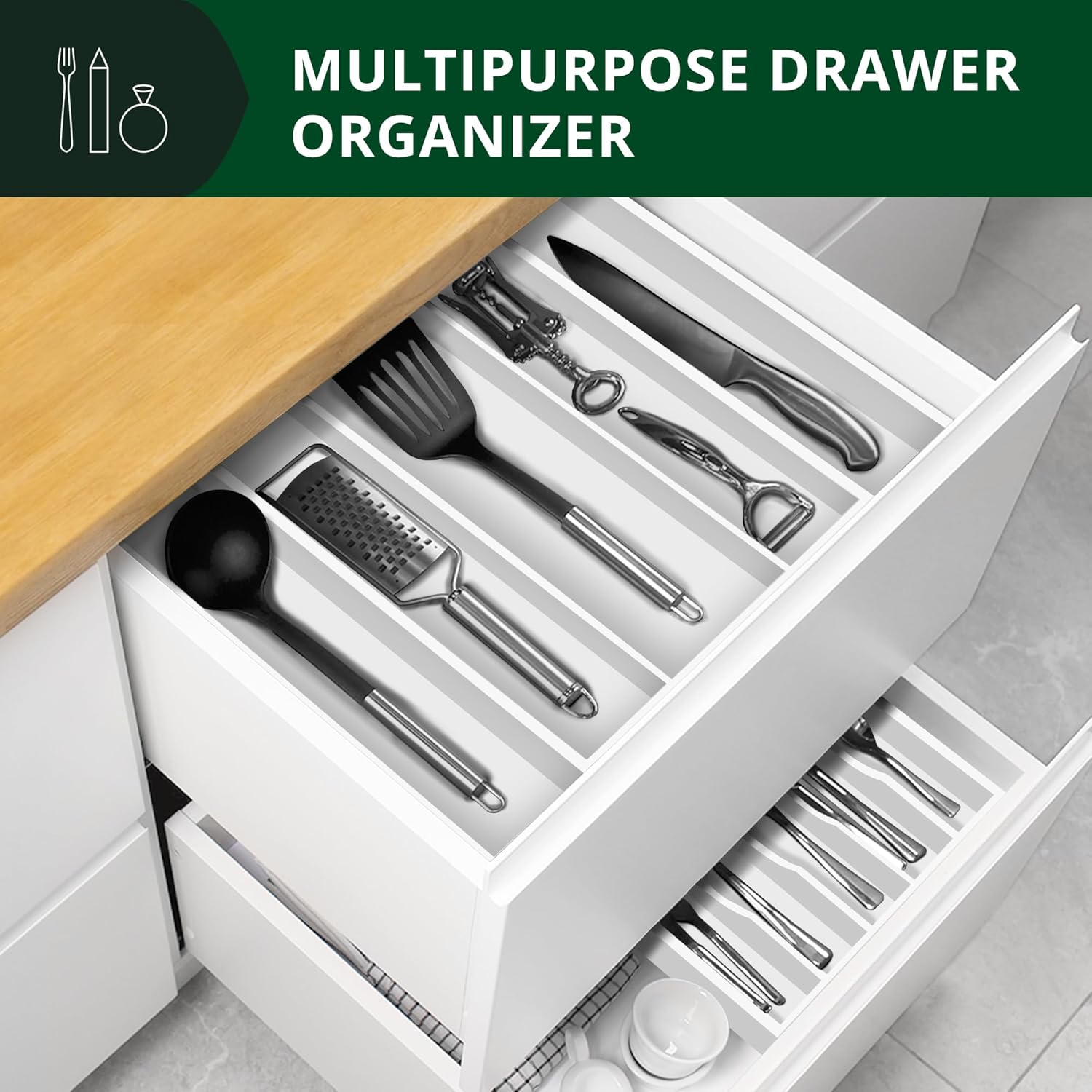 Utensil Drawer Organizer, White (5 Slots)