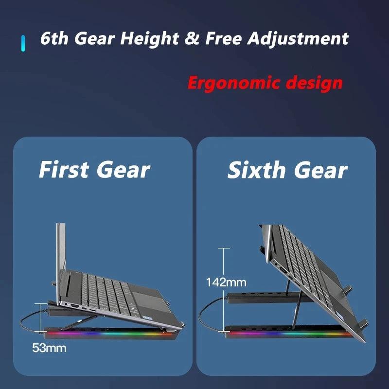 RGB Laptop Stand Adjustable 6 Gear Height Heat Dissipation USB Type-c Hub Ergonomic Notebook Holder for MacBook Tablet Phone