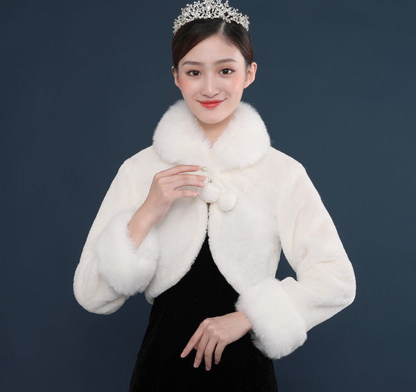 Bride's wedding dress fur shawl women's warm white cloak cheongsam jacket red cloak