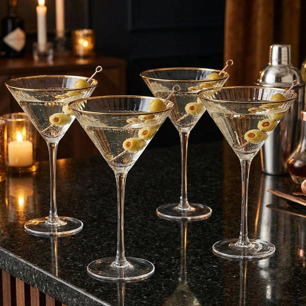 The Wine Savant Gold Rim Glasses 10 oz, Set of 4 Gold Rim Classic Manhattan Glasses For Martini, Cocktails, Champagne, Water & Wine - Classic Coupes Gilded Rimed, Crystal with Stems, Coupe