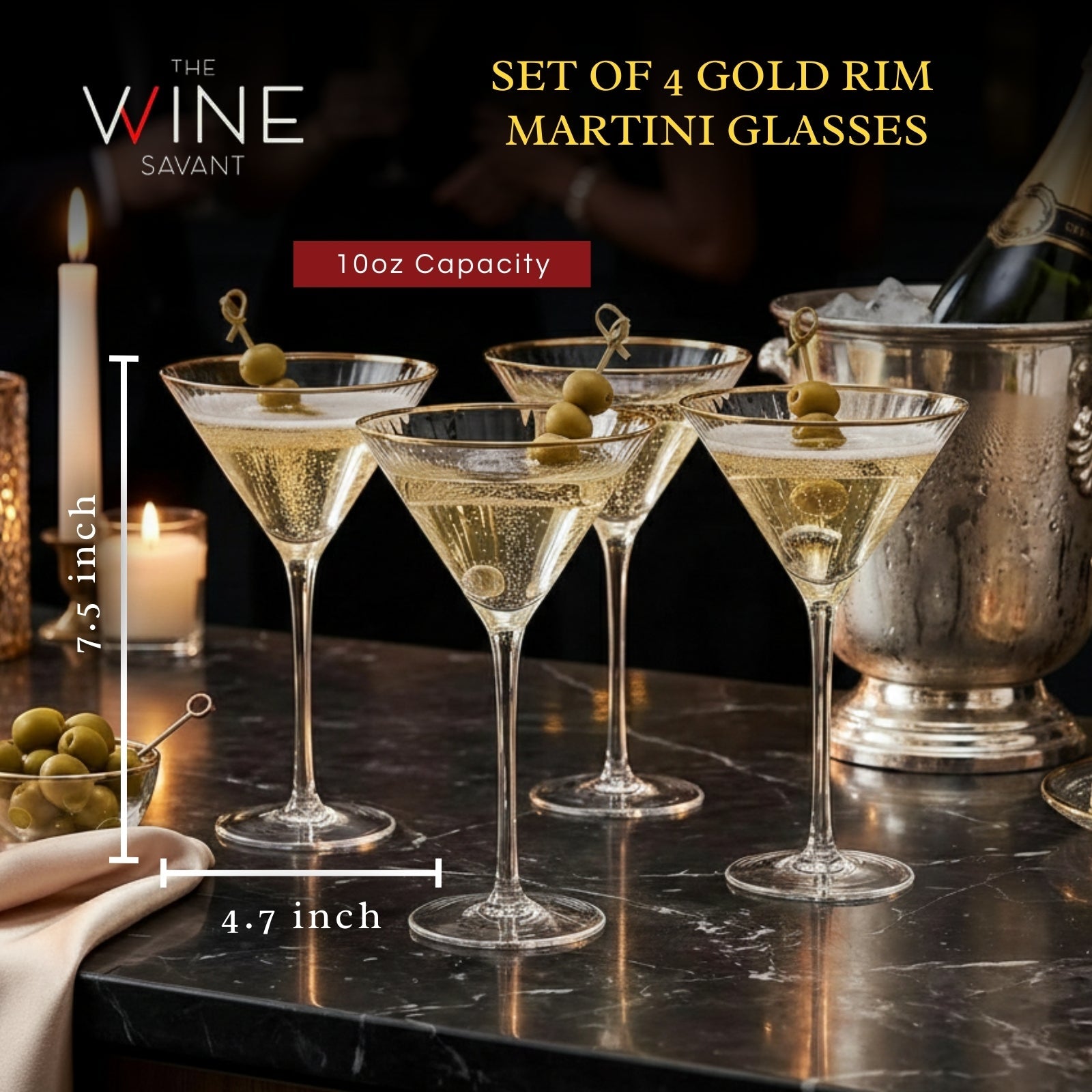 The Wine Savant Gold Rim Glasses 10 oz, Set of 4 Gold Rim Classic Manhattan Glasses For Martini, Cocktails, Champagne, Water & Wine - Classic Coupes Gilded Rimed, Crystal with Stems, Coupe