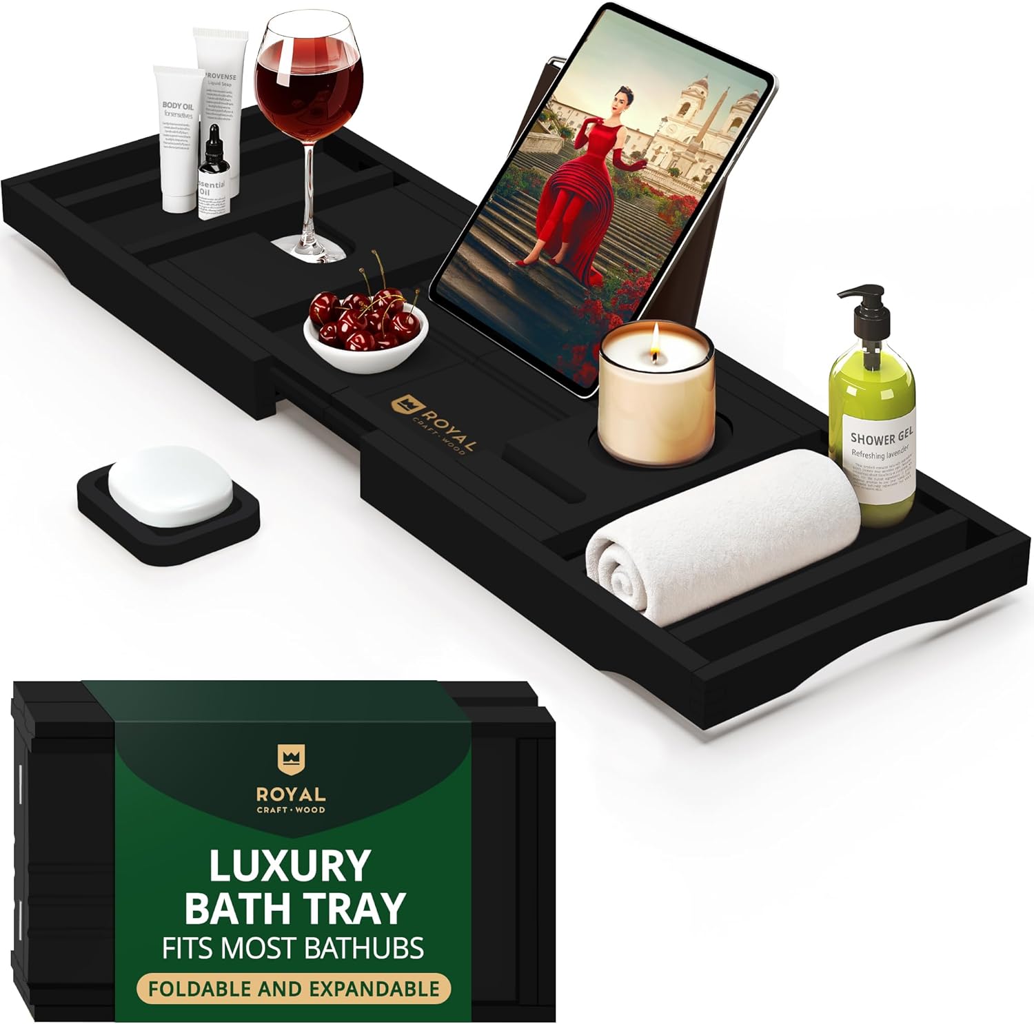 Foldable Bathtub Caddy Tray, Black