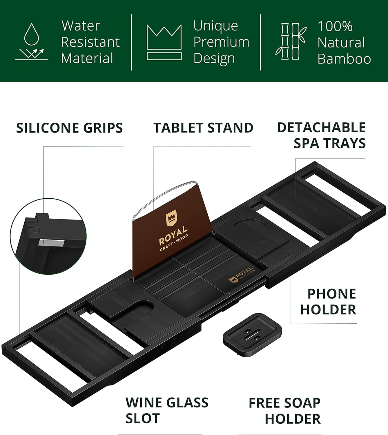 Foldable Bathtub Caddy Tray, Black