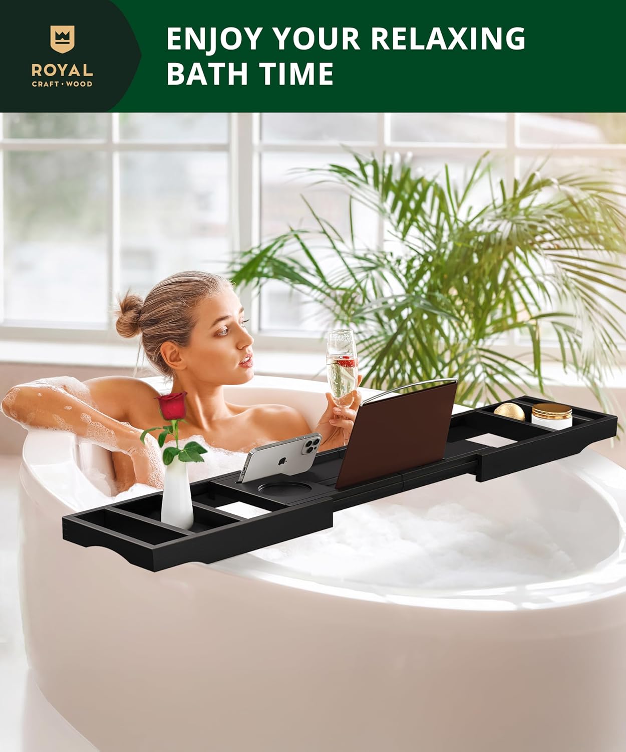Foldable Bathtub Caddy Tray, Black