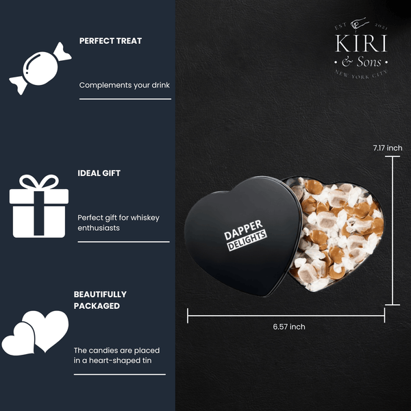 Valentines Day Gift Scotch Whiskey Caramels - Heart Tin - Him & Her, Premium Salted Caramel, Valentine Chocolate Candy Dapper Delights Gourmet Collection, Love Basket for Men, Boyfriend, Husband, Dad
