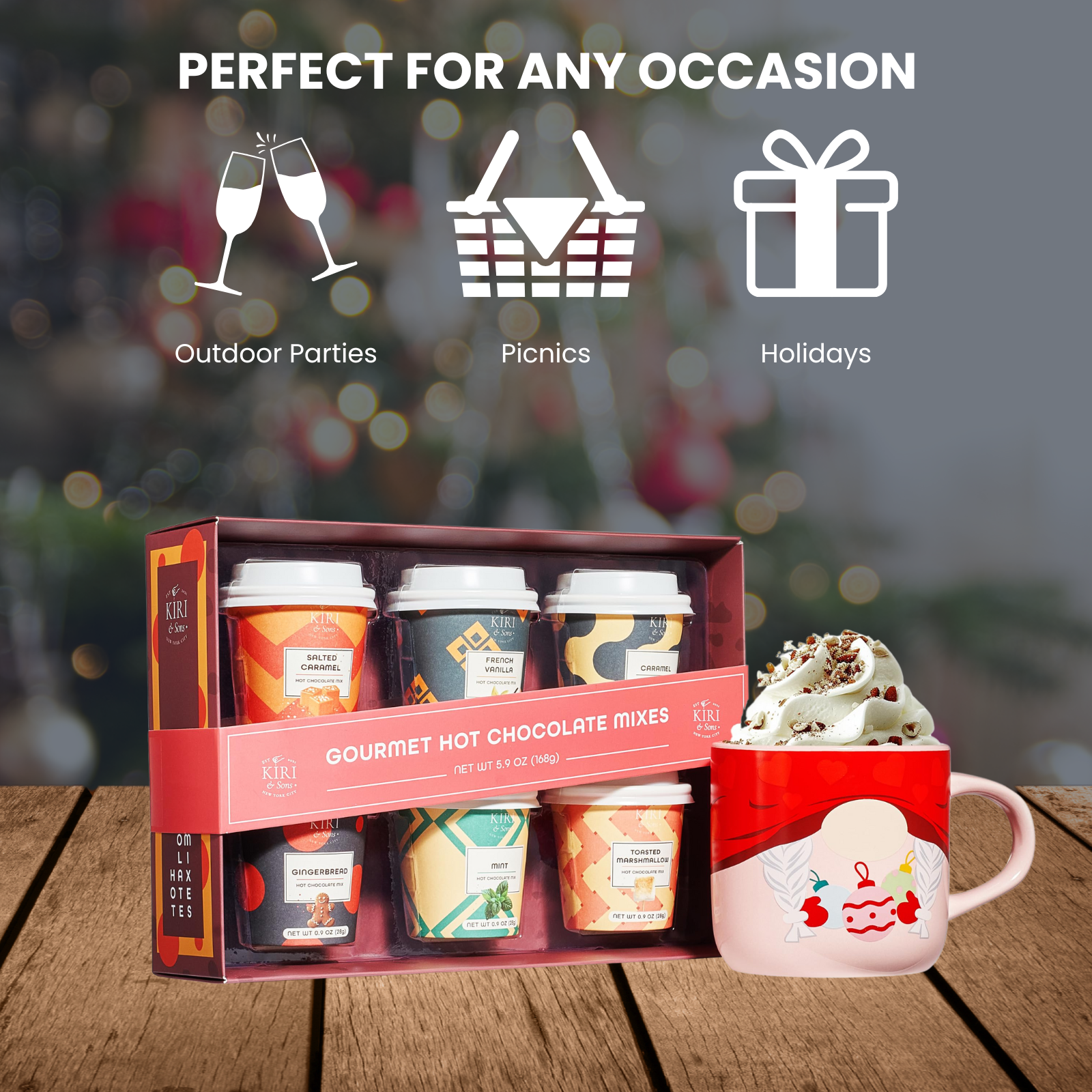 Gourmet Hot Cocoa Gift Set Cup Hot Chocolates - Set of 6 Flavors - Salted Caramel, French Vanilla, Caramel, Gingerbread, Mint, Amaretto & More - Holiday Christmas Gifts For Her, Him, Kids
