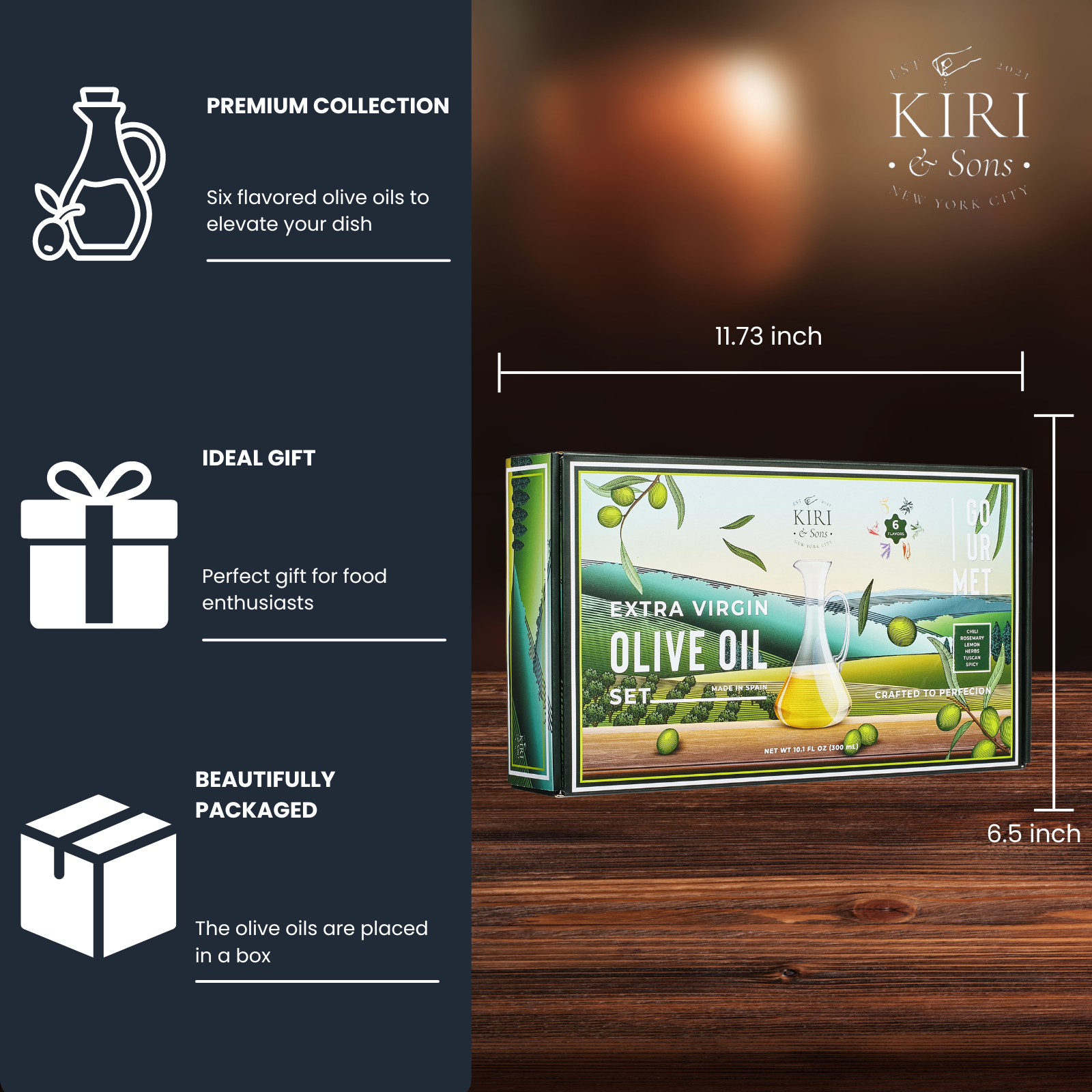 Olive Oil Gourmet Sampler Gift Set of 6 - Premium Extra-Virgin Blend Olive Oil Made In Spain, Natural Flavors Include Herbs, Chili, Spice, Rosemary, Tuscan & Lemon - Gifts for Her, Him