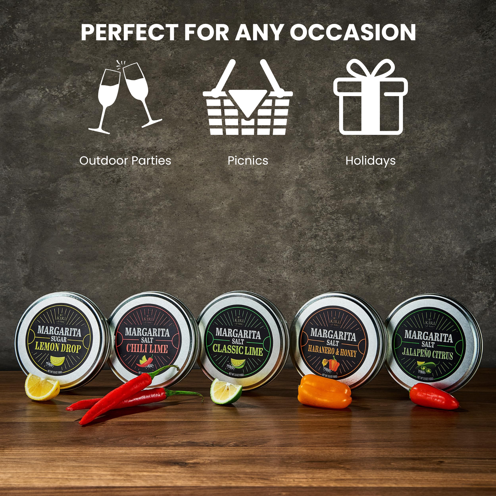 5-Pack Premium Margarita & Cocktail Flavored Salt Rimmer, Variety Set 3.5oz - Chili Lime, Lemon Drop Sugar, Lime, Habanero & Honey, Jalapeno Citrus - No Silicon Dioxide, Easy Screw-On Lid