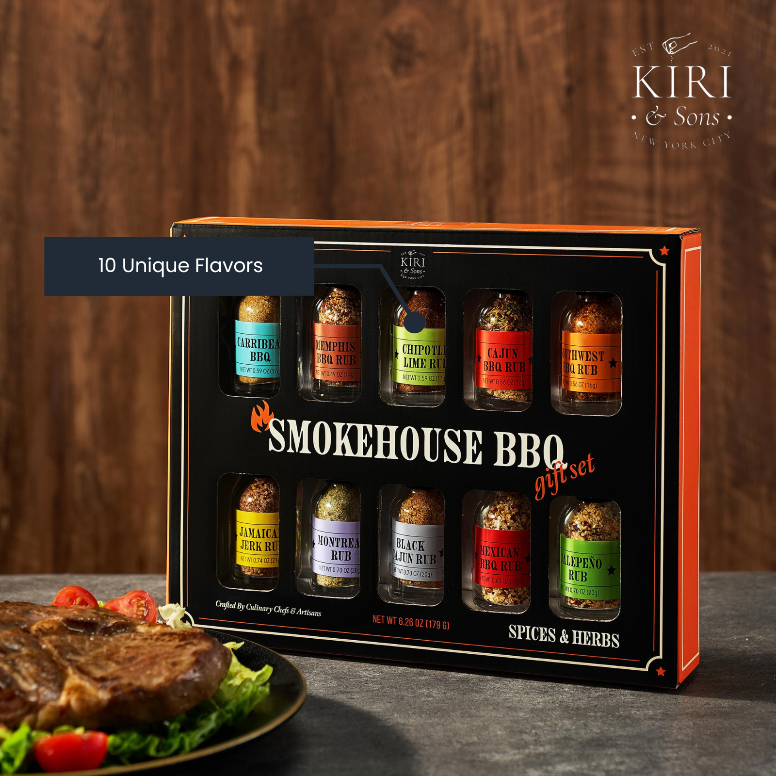 Smokehouse BBQ Gourmet Grilling Spice Set | 10-Set | Glass Bottle Seasonings, Grill Seasoning Flavors Include Caribbean, Jamaican Memphis, Jalapeno Rub, Montreal, Cajun Chili Garlic & More