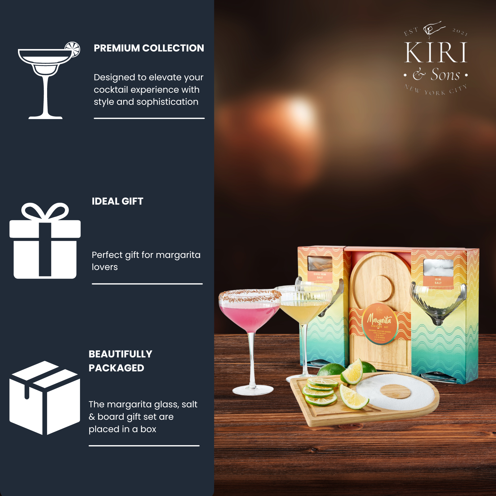 Margarita Glass, Salt & Board Gift Set - Includes 2 Ribbed 12oz Stemmed Glasses, Chili & Regular Salt, Wooden Rimmer Board, Beautiful Gift Box - Gifts for Margarita Lovers, Cocktail Parties, Holiday