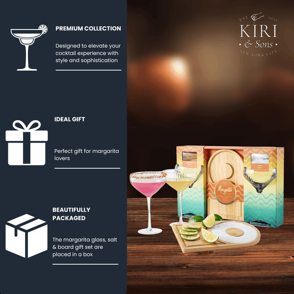 Margarita Glass, Salt & Board Gift Set - Includes 2 Ribbed 12oz Stemmed Glasses, Chili & Regular Salt, Wooden Rimmer Board, Beautiful Gift Box - Gifts for Margarita Lovers, Cocktail Parties, Holiday