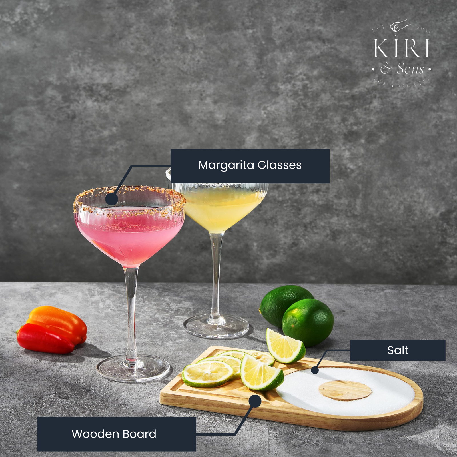 Margarita Glass, Salt & Board Gift Set - Includes 2 Ribbed 12oz Stemmed Glasses, Chili & Regular Salt, Wooden Rimmer Board, Beautiful Gift Box - Gifts for Margarita Lovers, Cocktail Parties, Holiday