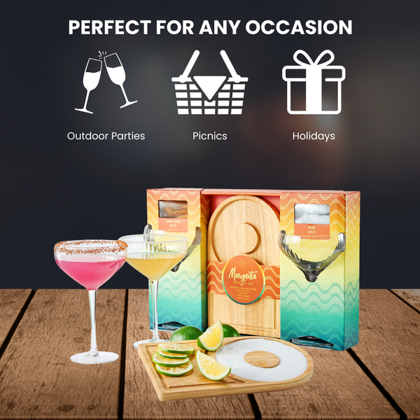 Margarita Glass, Salt & Board Gift Set - Includes 2 Ribbed 12oz Stemmed Glasses, Chili & Regular Salt, Wooden Rimmer Board, Beautiful Gift Box - Gifts for Margarita Lovers, Cocktail Parties, Holiday