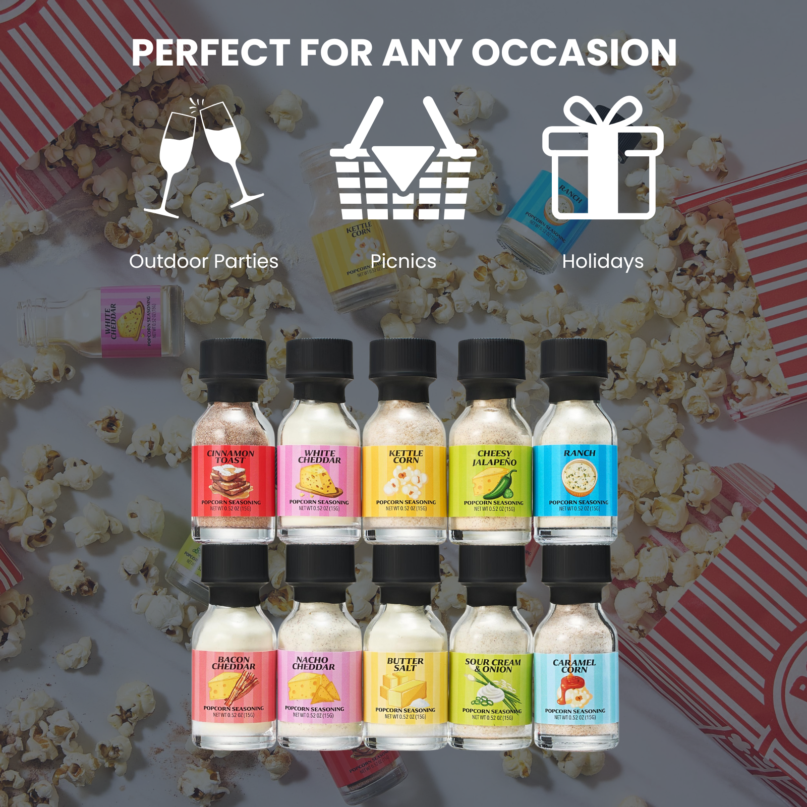 Gourmet Popcorn Seasoning Sampler Kit, 10 Flavor Variety Pack - Including Kettle Corn, Garlic Parmesan, Bacon Cheddar, Caramel, Butter, White Cheddar, Ranch, Spicy Jalapeño, Movie Night
