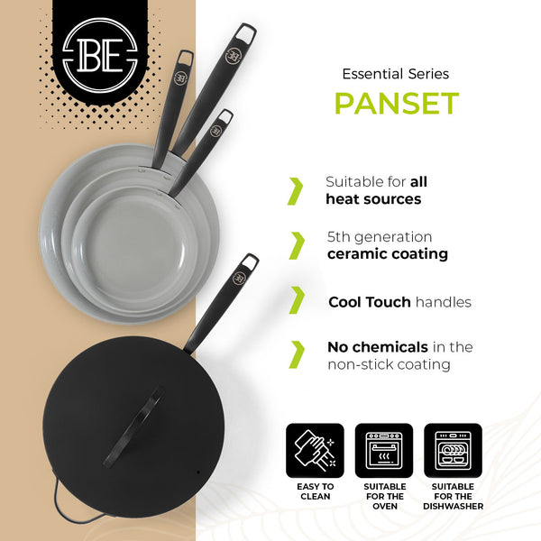 BE | LIVING Essential Series 4-piece Pan Set - Frying pans Ø 20 cm, Ø 24 cm & Ø 28 cm - Wok Ø 30 cm