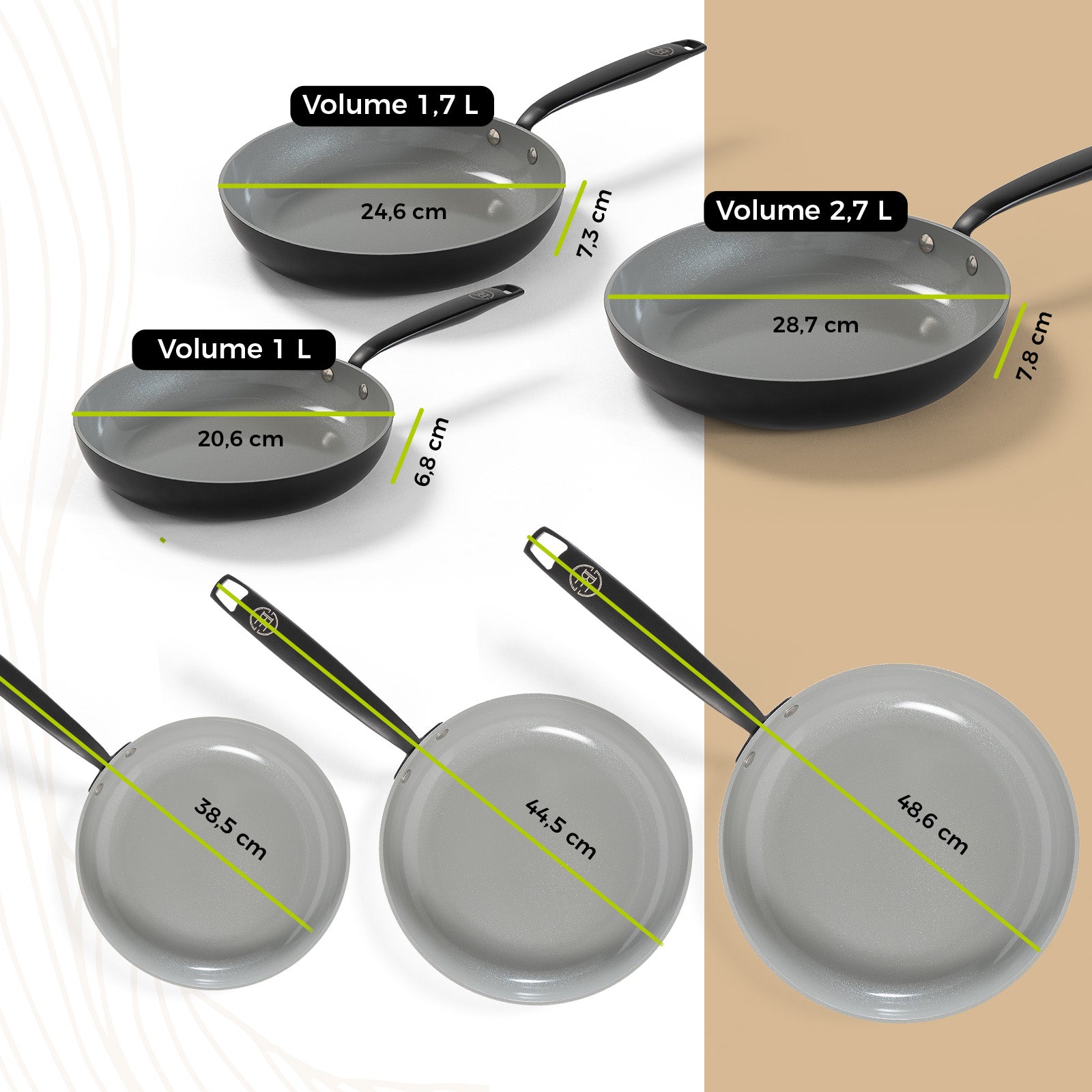 BE | LIVING Essential Series 4-piece Pan Set - Frying pans Ø 20 cm, Ø 24 cm & Ø 28 cm - Wok Ø 30 cm