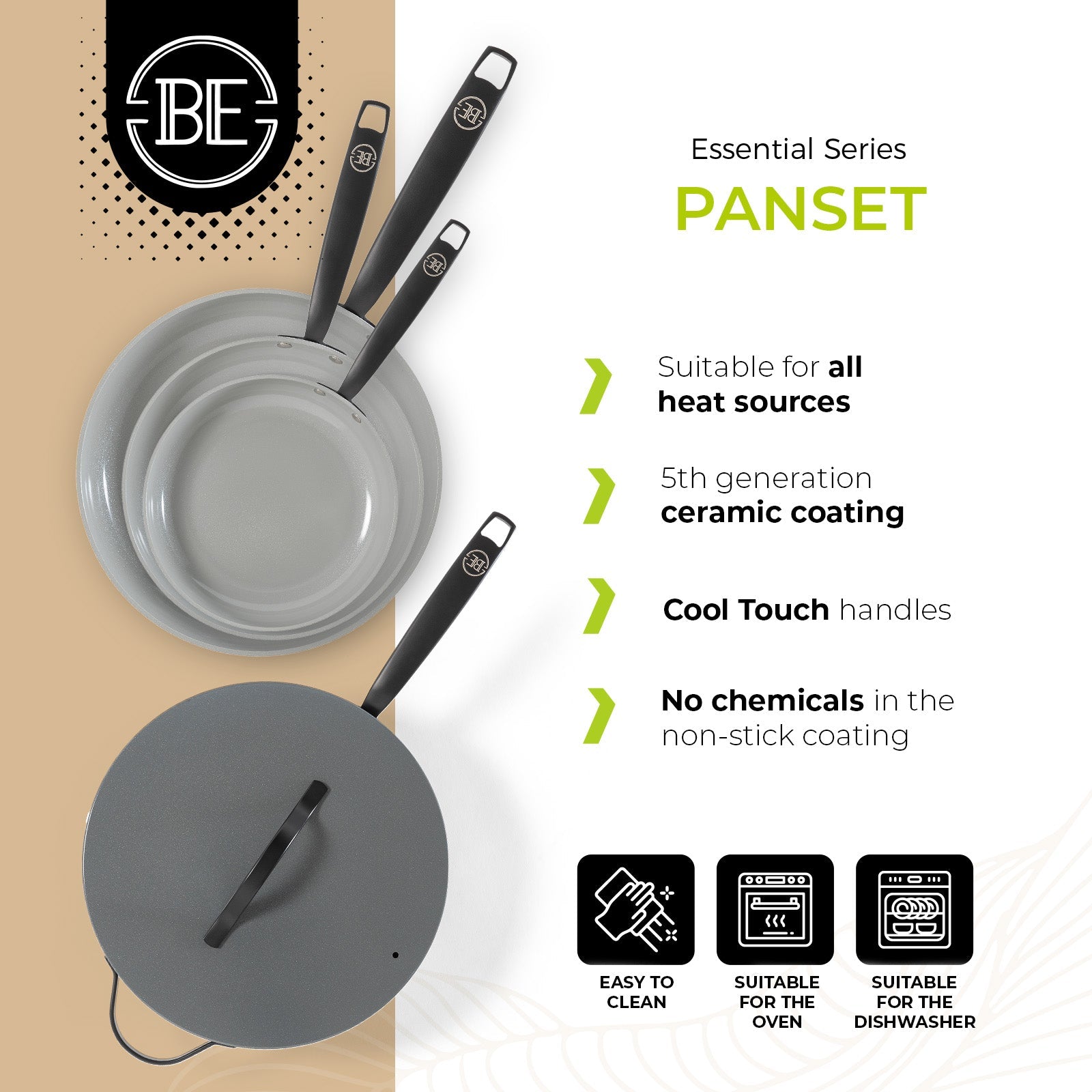 BE | LIVING Essential Series 4-piece Pan Set - Frying pans Ø 20 cm, Ø 24 cm & Ø 28 cm - Wok Ø 30 cm