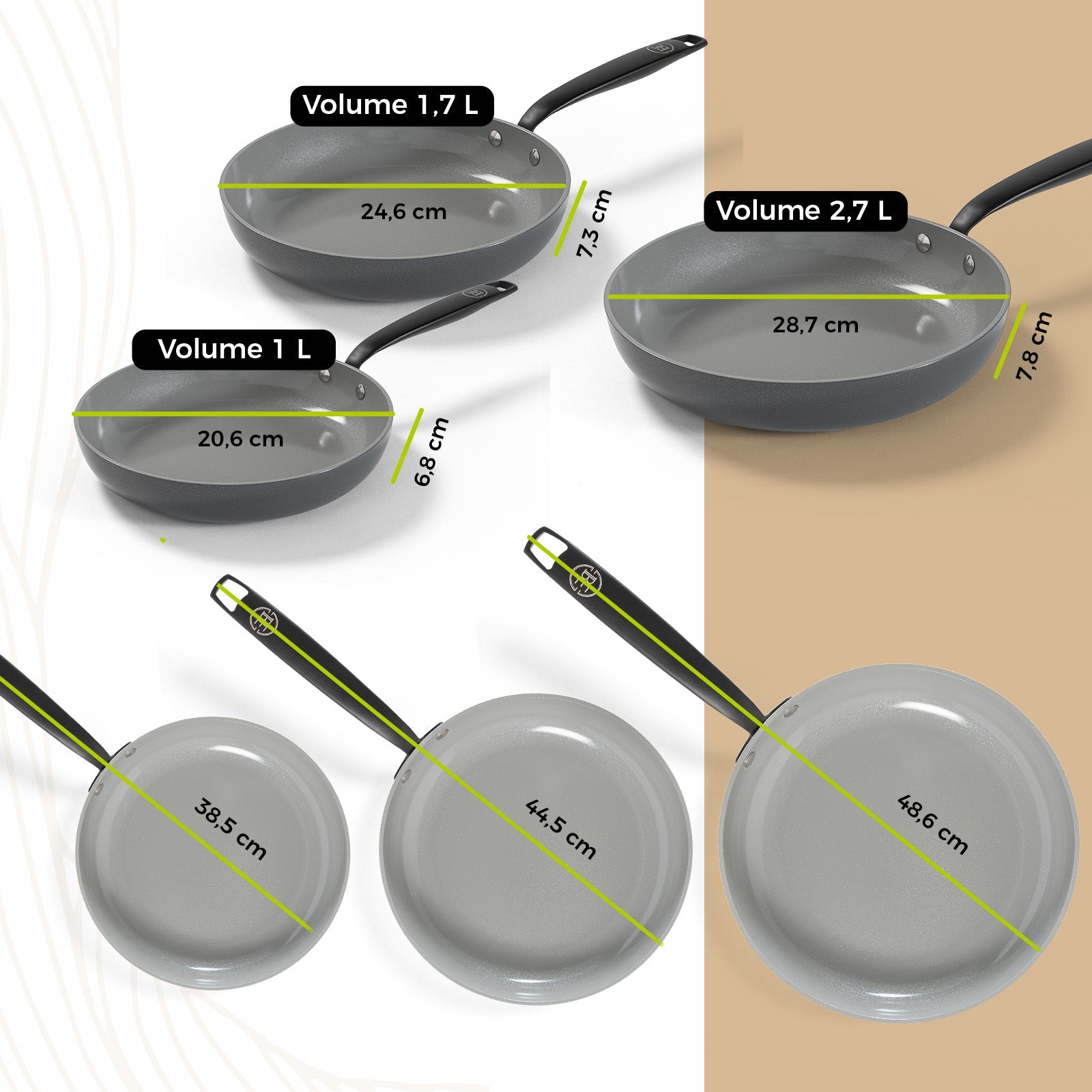BE | LIVING Essential Series 4-piece Pan Set - Frying pans Ø 20 cm, Ø 24 cm & Ø 28 cm - Wok Ø 30 cm