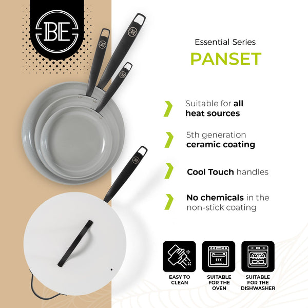 BE | LIVING Essential Series 4-piece Pan Set - Frying pans Ø 20 cm, Ø 24 cm & Ø 28 cm - Wok Ø 30 cm