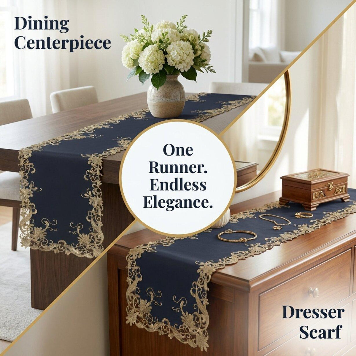 Blue Gold Lace Runner – Vintage Opulence, 14x108 Inch
