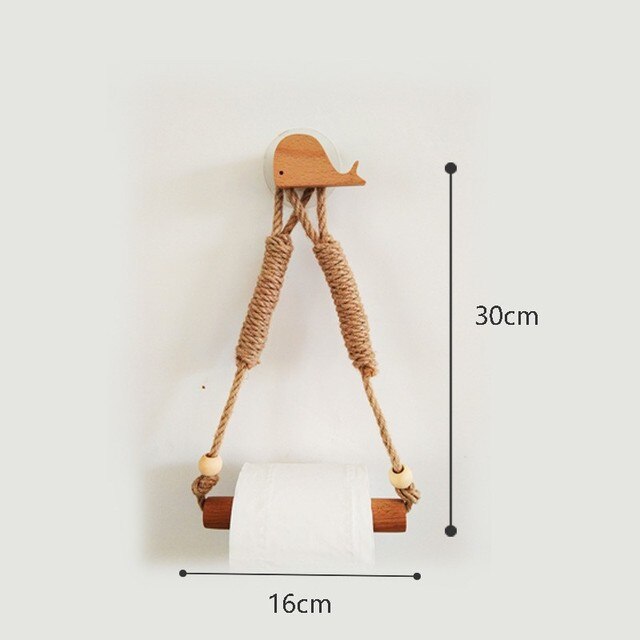 Nordic Indoor Wooden Solid Wood Hemp Rope Animal Tissue Holder Children's Room Decoration Wall Hanger Hemp Rope Hook Toilet Paper Holder