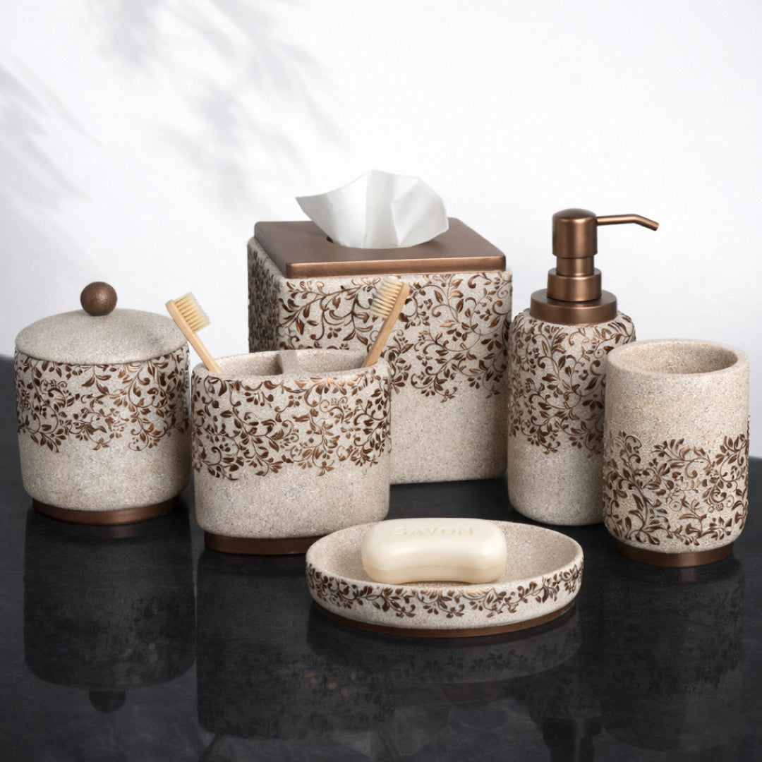The Beige Stella Collection – Elegant Modern Bathroom Décor Accessories Set of 6