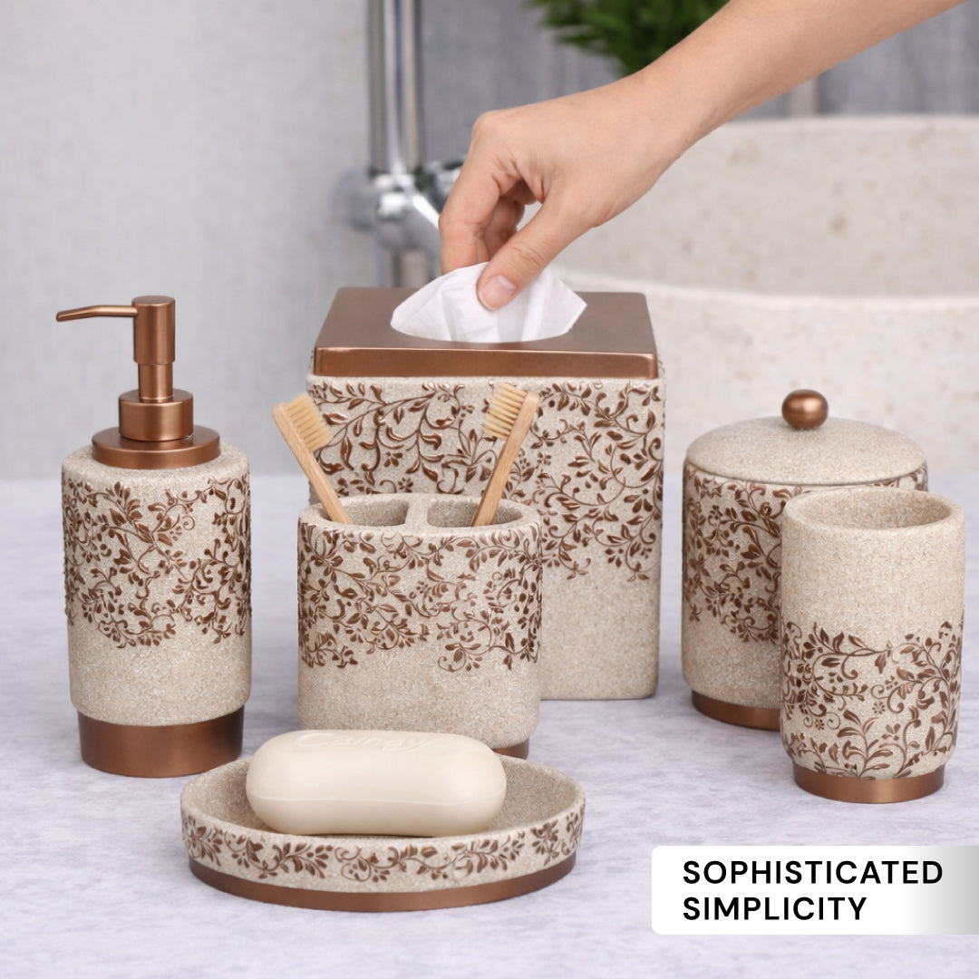 The Beige Stella Collection – Elegant Modern Bathroom Décor Accessories Set of 6