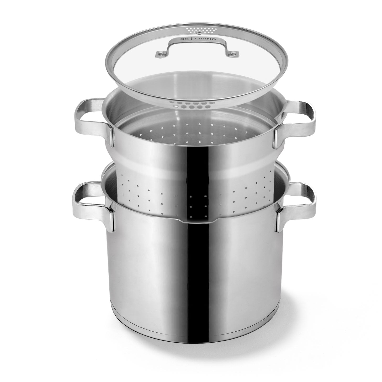 BE | LIVING Vita Series 3 piece Stainless Steel Pasta Pot - Ø 24 cm - 7.5L - Saucepan with Lid