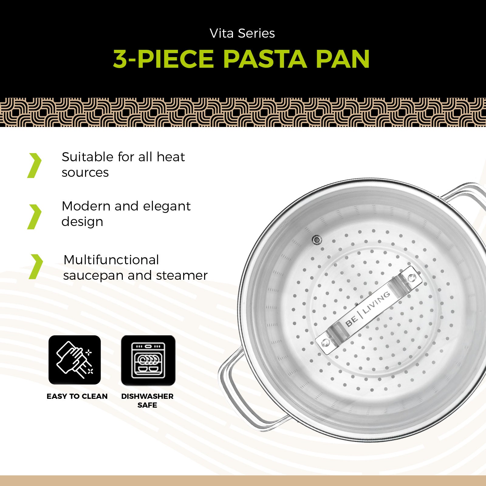BE | LIVING Vita Series 3 piece Stainless Steel Pasta Pot - Ø 24 cm - 7.5L - Saucepan with Lid