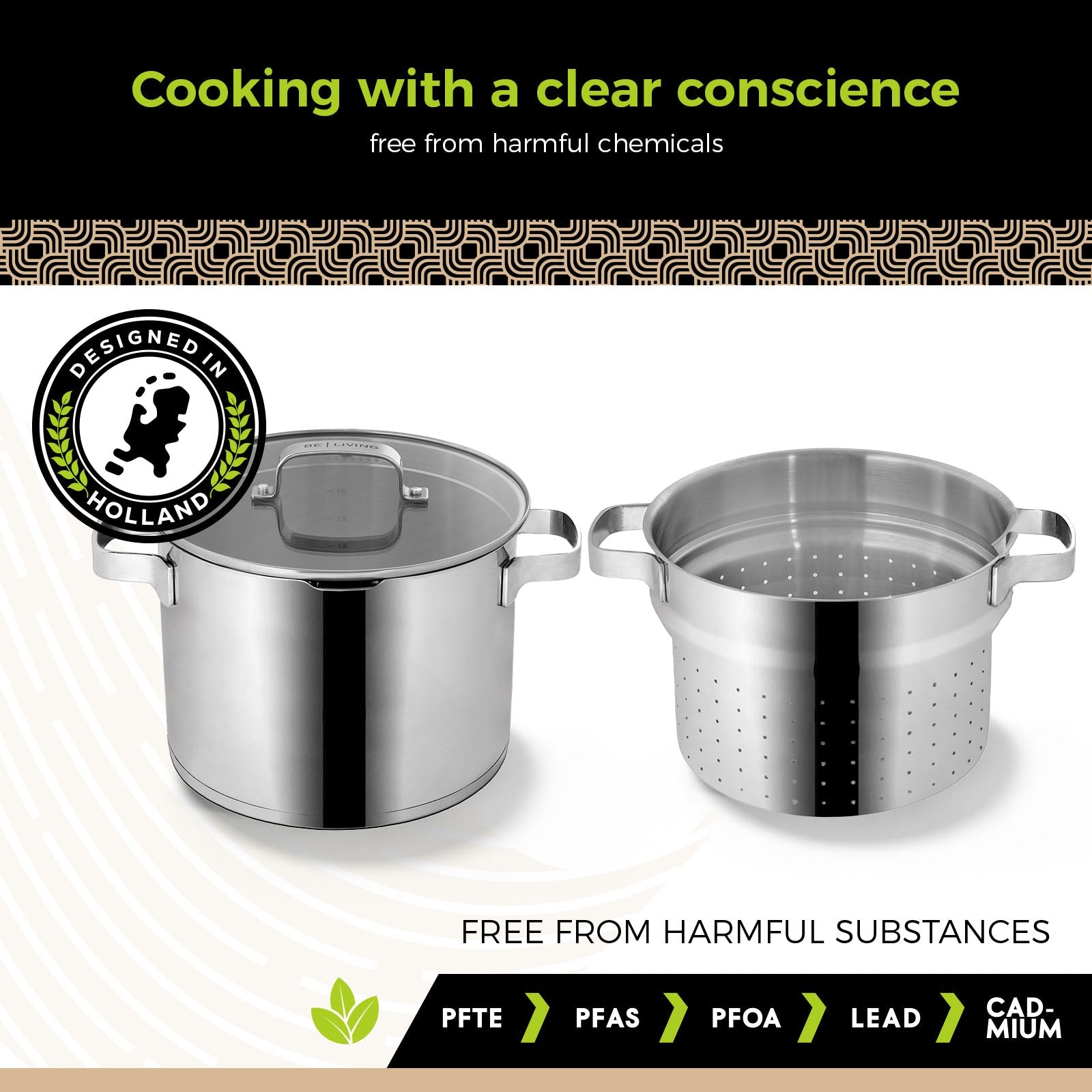 BE | LIVING Vita Series 3 piece Stainless Steel Pasta Pot - Ø 24 cm - 7.5L - Saucepan with Lid
