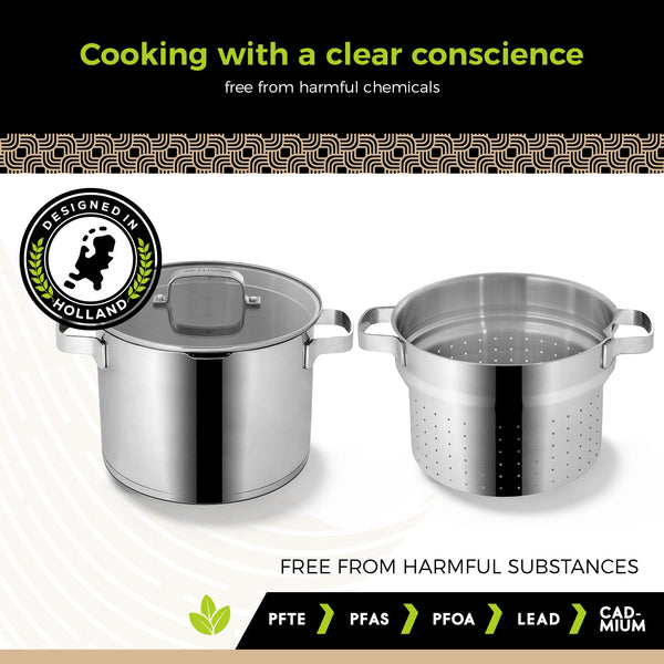 BE | LIVING Vita Series 3 piece Stainless Steel Pasta Pot - Ø 24 cm - 7.5L - Saucepan with Lid