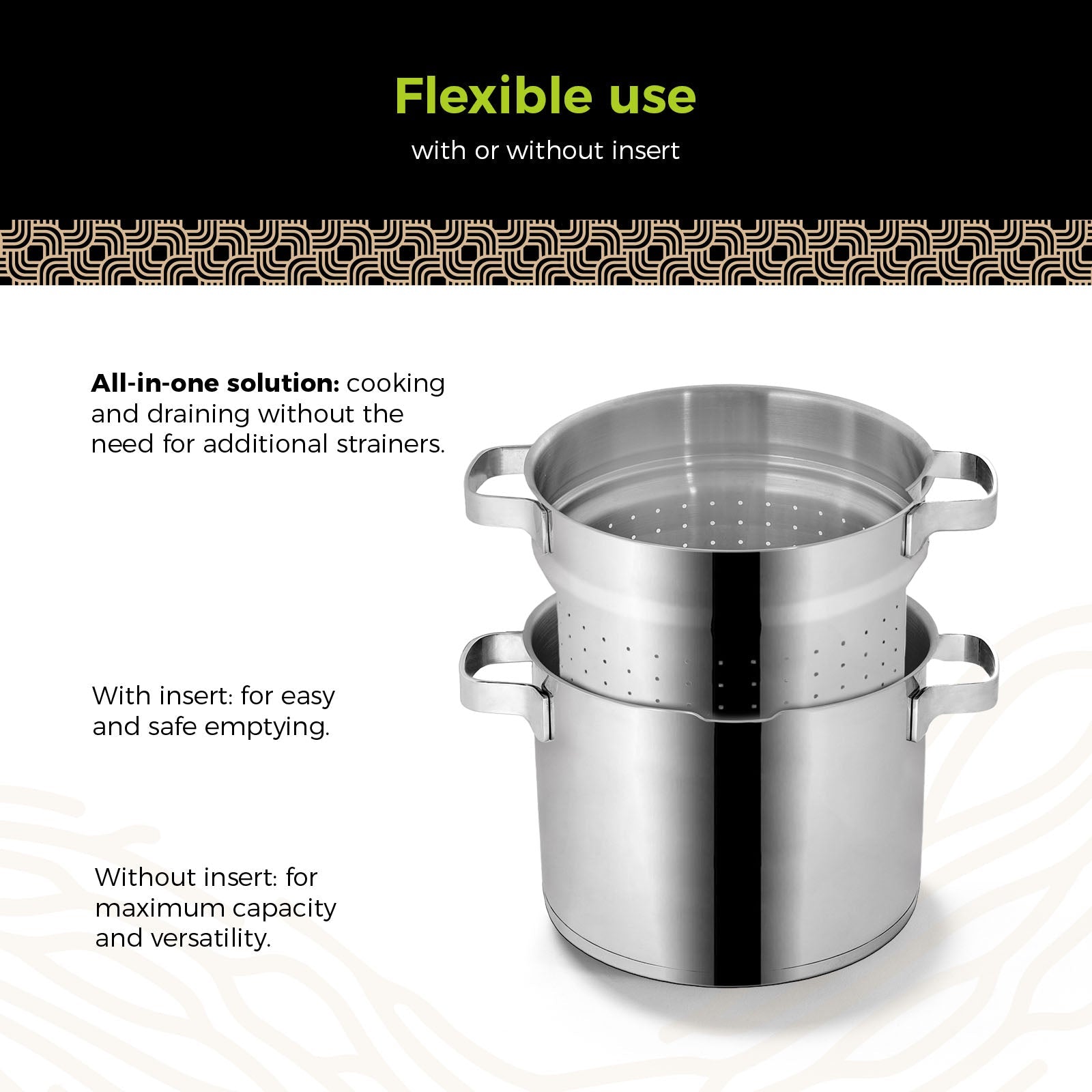 BE | LIVING Vita Series 3 piece Stainless Steel Pasta Pot - Ø 24 cm - 7.5L - Saucepan with Lid