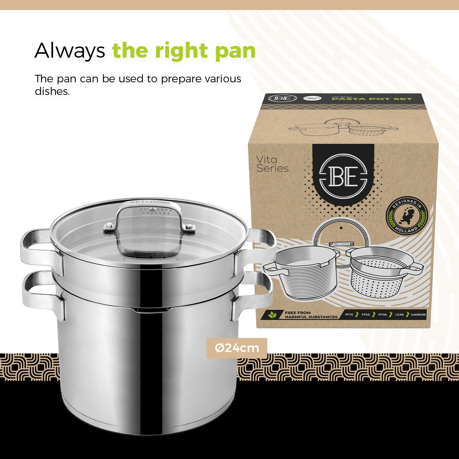 BE | LIVING Vita Series 3 piece Stainless Steel Pasta Pot - Ø 24 cm - 7.5L - Saucepan with Lid