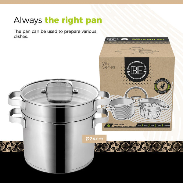 BE | LIVING Vita Series 3 piece Stainless Steel Pasta Pot - Ø 24 cm - 7.5L - Saucepan with Lid