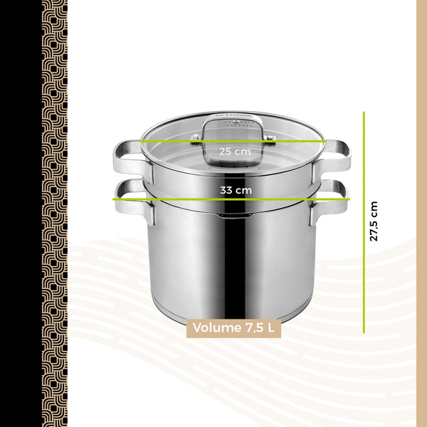 BE | LIVING Vita Series 3 piece Stainless Steel Pasta Pot - Ø 24 cm - 7.5L - Saucepan with Lid