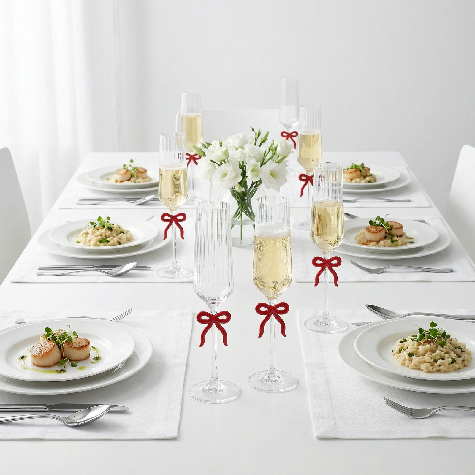 Clear Champagne Glass with Red Bow on Stem, Set of 2
