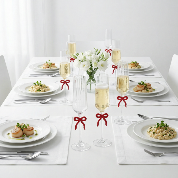 Clear Champagne Glass with Red Bow on Stem, Set of 2