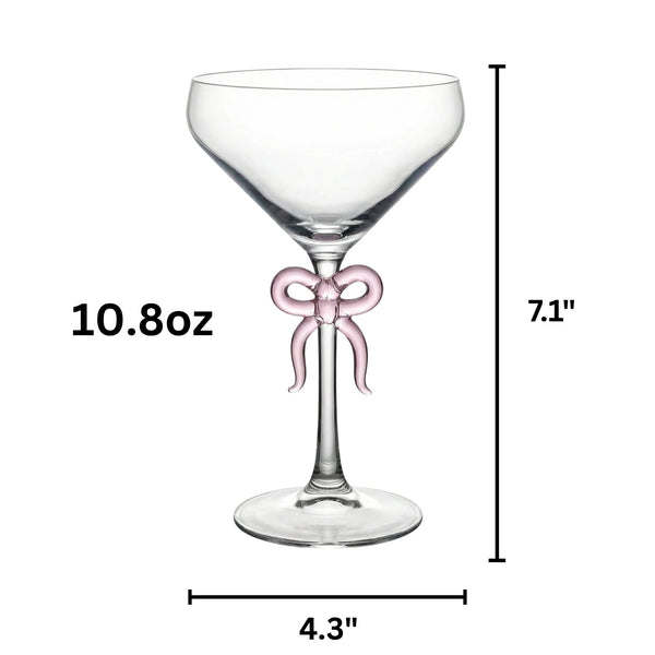 Clear Martini Glass with Pink Bow on Stem, Set of 2