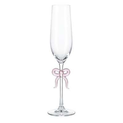 Single Clear Champagne Glass with Pink Bow on Stem, One Piece