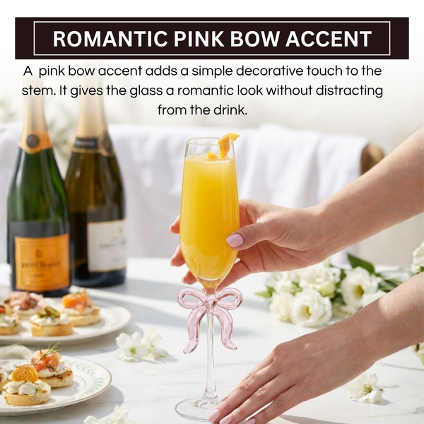 Single Clear Champagne Glass with Pink Bow on Stem, One Piece