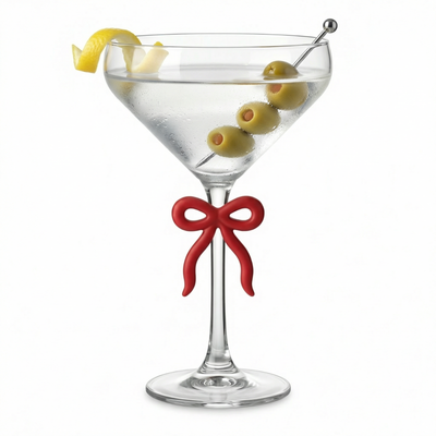Single Clear Martini Glass with Red Bow on Stem, One Piece