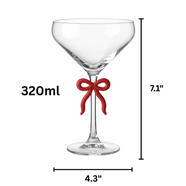 Single Clear Martini Glass with Red Bow on Stem, One Piece